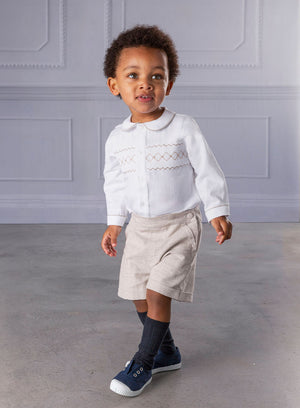 The Rupert Smocked Set in White/Oatmeal Flannel