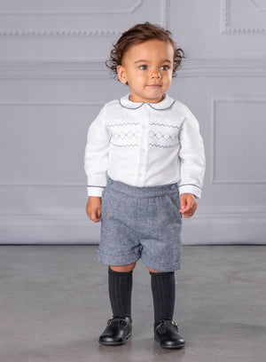 Trotters Heritage Set The Rupert Smocked Set in White/Blue Herringbone