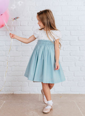 Rose Hand Smocked Dress in Sea Blue