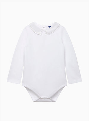 Baby Long Sleeved Monty Stitched Bodysuit in White/Oatmeal