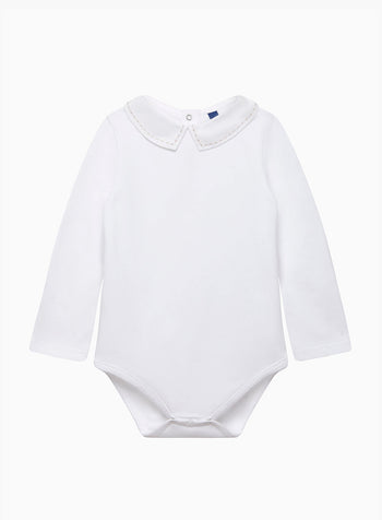 Baby Long Sleeved Monty Stitched Bodysuit in White/Oatmeal