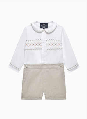 The Rupert Smocked Set in White/Oatmeal Flannel