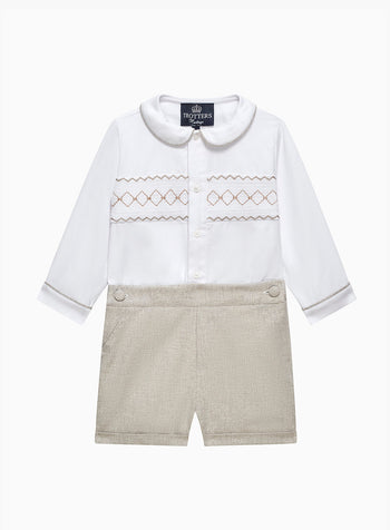 The Rupert Smocked Set in White/Oatmeal Flannel