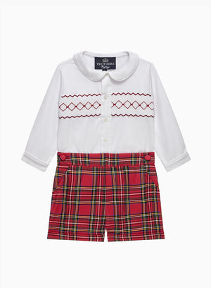 The Rupert Smocked Set in White/Red Plaid