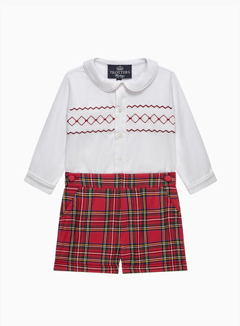 The Rupert Smocked Set in White/Red Tartan