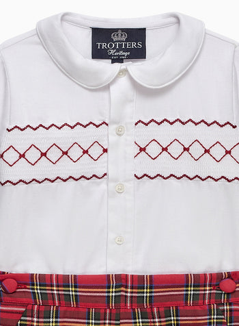 The Rupert Smocked Set in White/Red Tartan