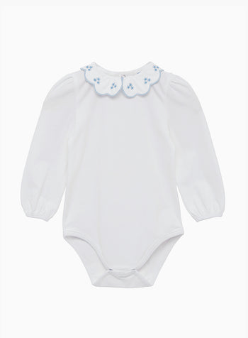 Baby Long Sleeved Petal Floral Bodysuit in White/Blue