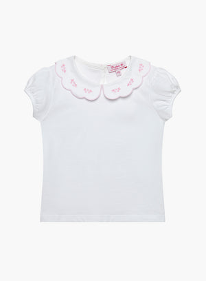 Ava Embroidered Petal Jersey Top in White/Pink