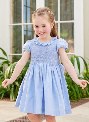 Willow Rose Hand Smocked Dress in Cornflower Blue