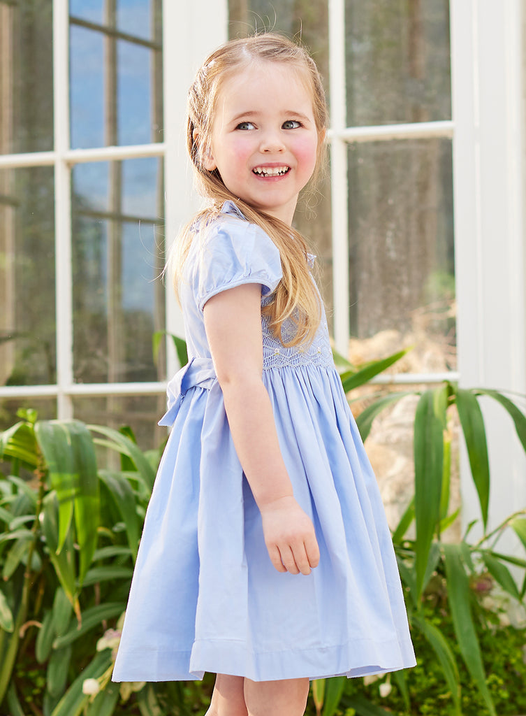 Girls Willow Rose Hand Smocked Dress in Cornflower Blue | Trotters ...