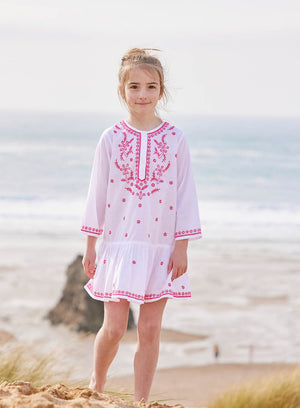 Lily Rose Kaftan Embroidered Kaftan in White/Fuchsia