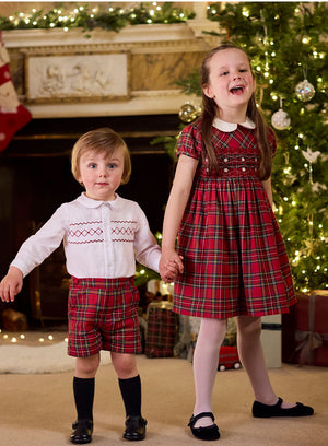 The Rupert Smocked Set in White/Red Plaid