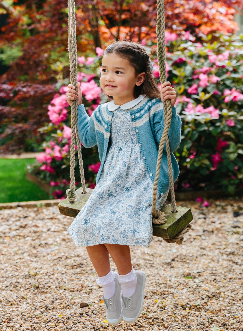 Girls Arabella Bloom Smocked Dress in Sea Blue Floral